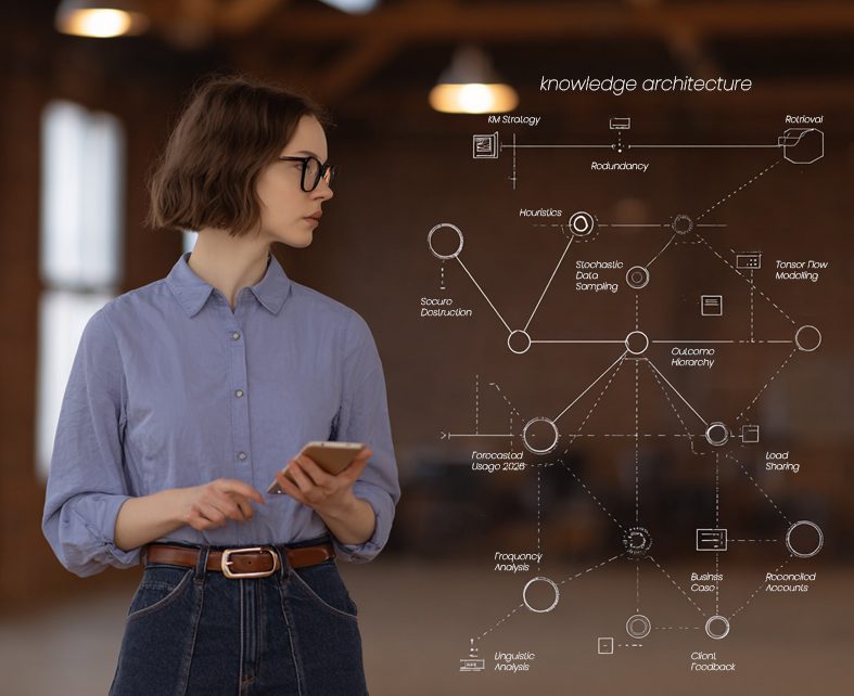 Young professional female standing next to mock up of a knowledge graph